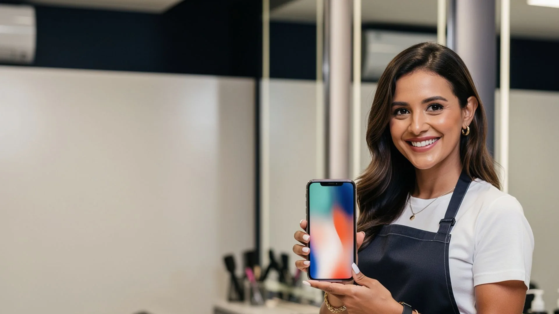 Profissional autônoma mostrando o app de agendamento no celular, no seu próprio salão